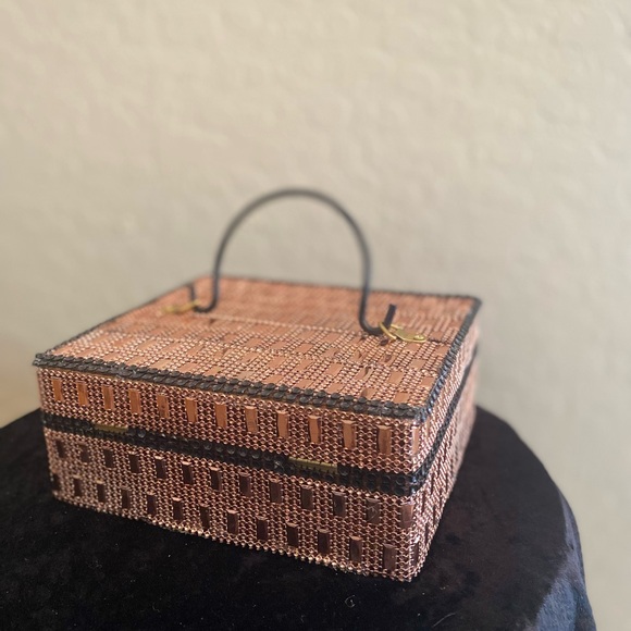 Rose Gold and Black Dress Box Purse with Black Handle, Mirror Inside - Picture 14 of 15